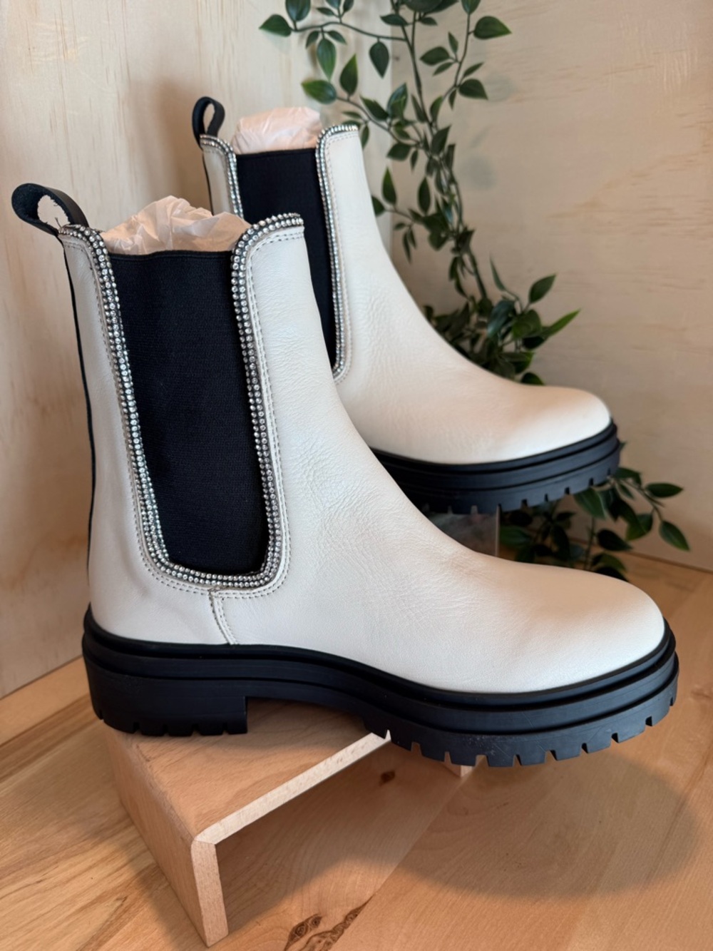 Women’s Eggnog Leather Chelsea Boots with Rhinestone Trim
